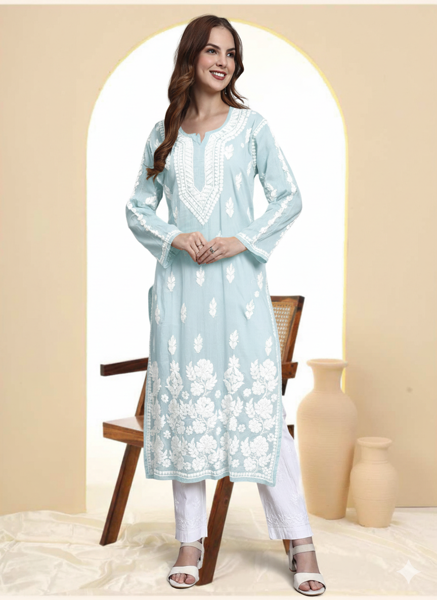 Women Hand Embroidered Chikankari Mulmul Kurti -AL3723 Seagreen