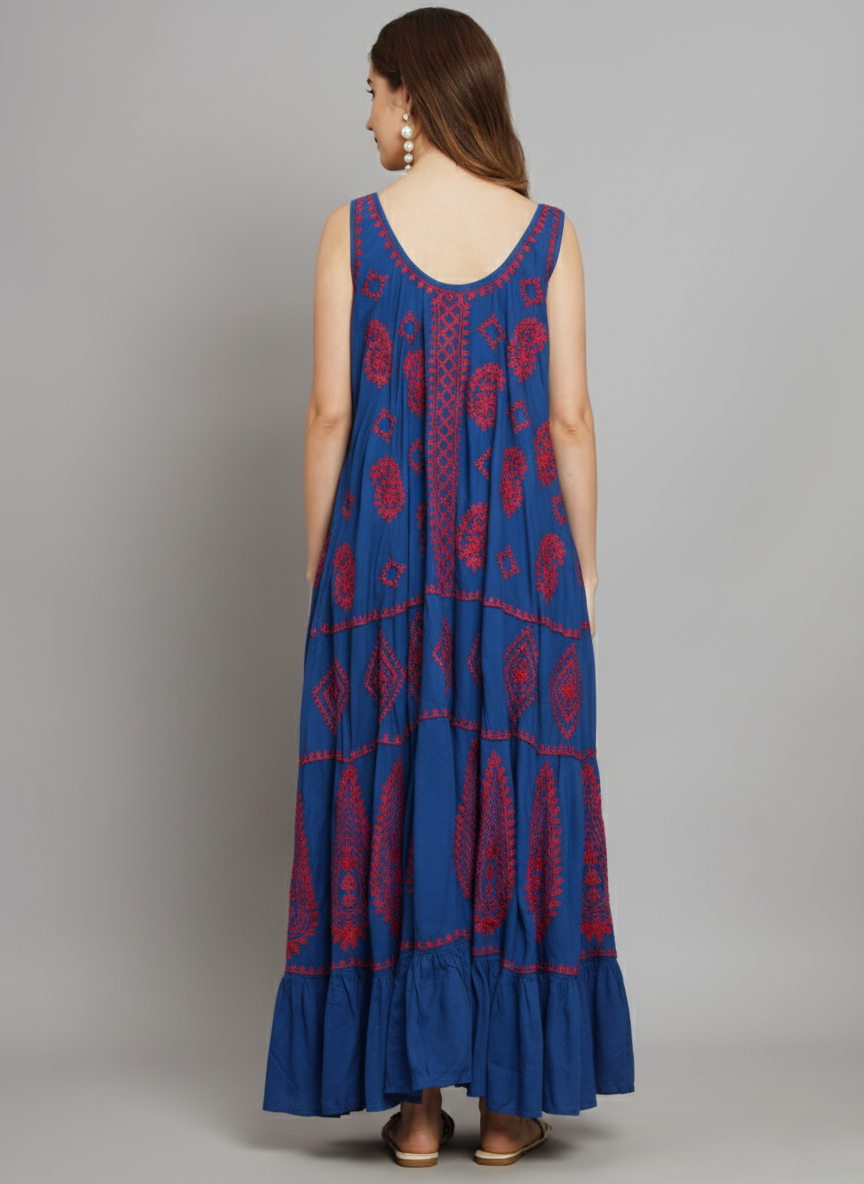 Hand Embroidered Chikankari Modal Kaftan-AL3605A Royalblue