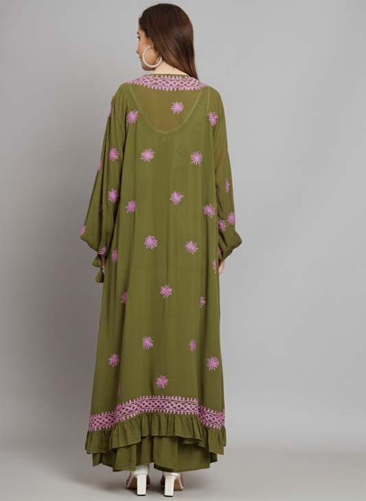 Hand Embroidered Chikankari Modal Kaftan-AL3605A Olivegreen&Pink