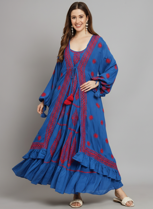 Hand Embroidered Chikankari Modal Kaftan-AL3605A Royalblue