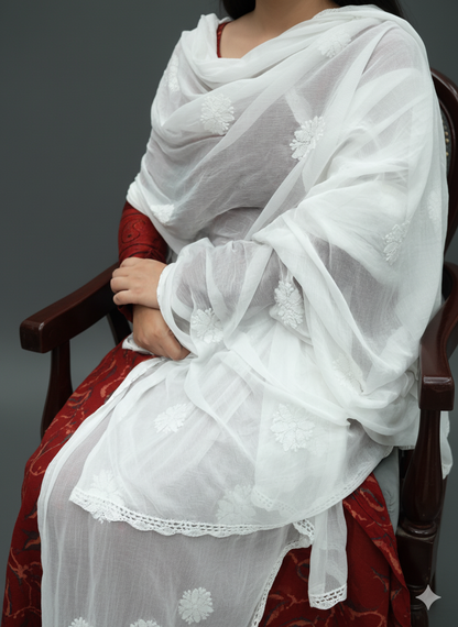 Women Hand Embroidered Chiffon Chikankari Dupatta-AL4091