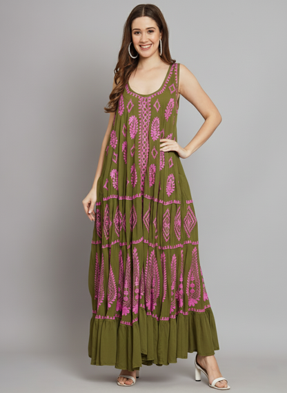 Hand Embroidered Chikankari Modal Kaftan-AL3605A Red