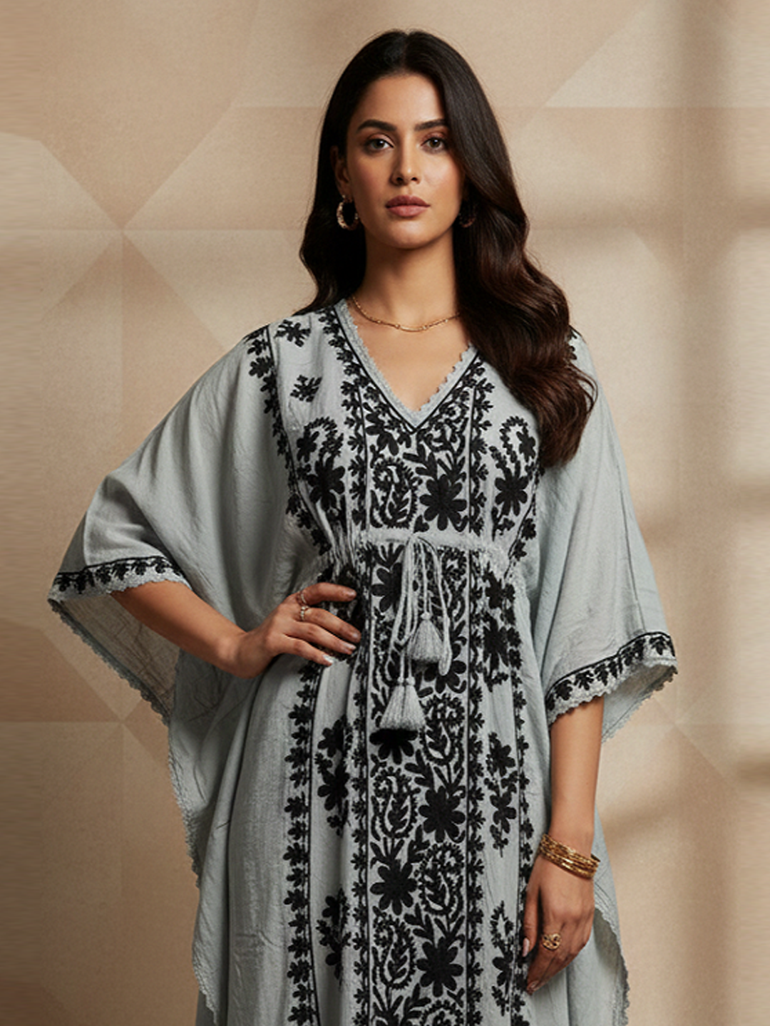 Hand Embroidered Chikankari Rayon Kaftan-AL3475 Parrotgreen