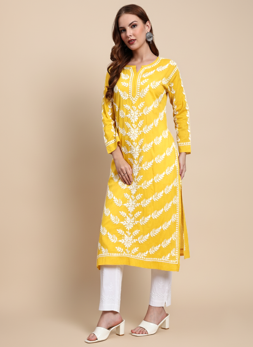 Women Hand Embroidered Chikankari Mulmul Kurta -AL3757 Yellow