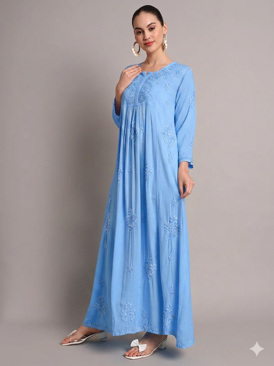 Hand Embroidered Chikankari A-Line Gathering Pattern Rayon Jalabiya-AL4012 New