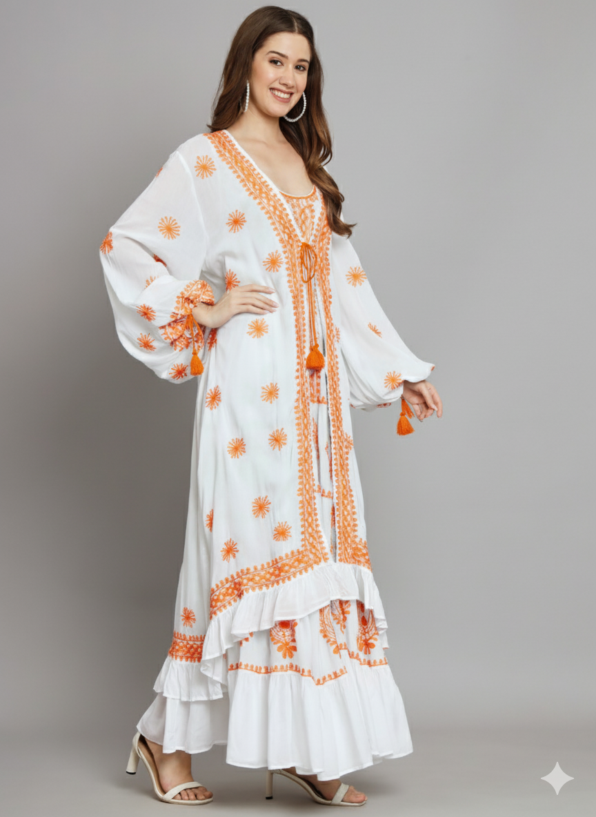 Hand Embroidered Chikankari Modal Kaftan-AL3605B White&Orange
