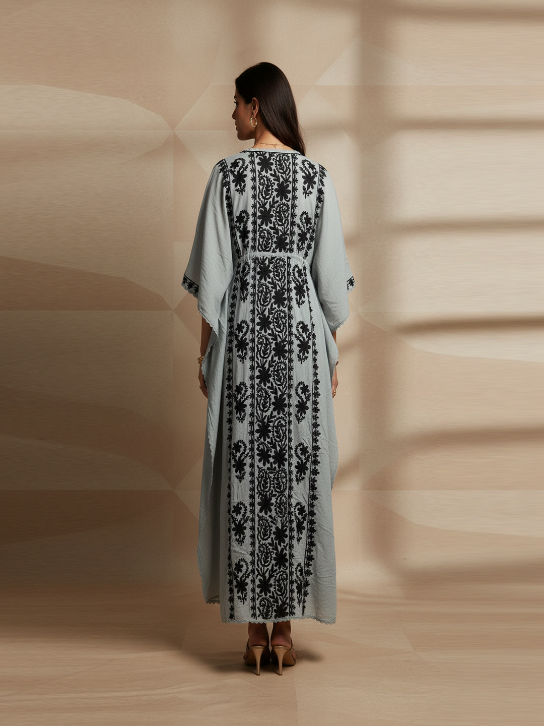 Hand Embroidered Chikankari Rayon Kaftan-AL3475 Black
