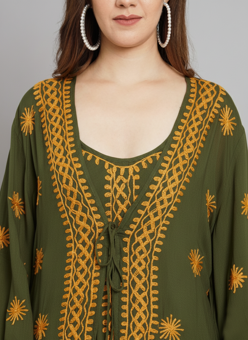 Hand Embroidered Chikankari Modal Kaftan-AL3605A Olivegreen