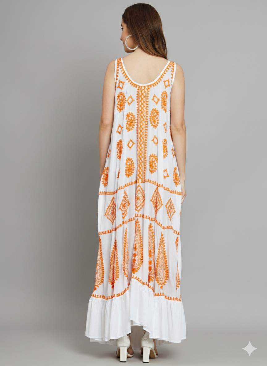 Hand Embroidered Chikankari Modal Kaftan-AL3605B White&Orange