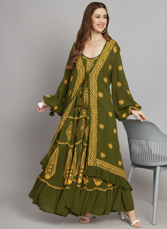 Hand Embroidered Chikankari Modal Kaftan-AL3605A Olivegreen