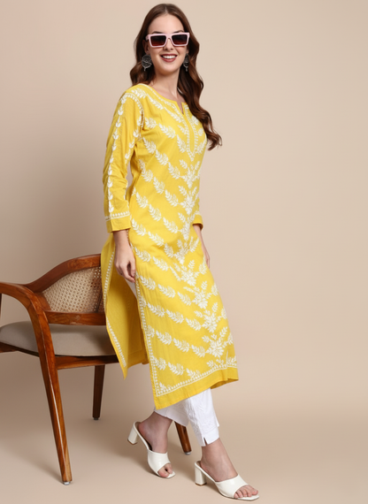 Women Hand Embroidered Chikankari Mulmul Kurti -AL3757 Yellow