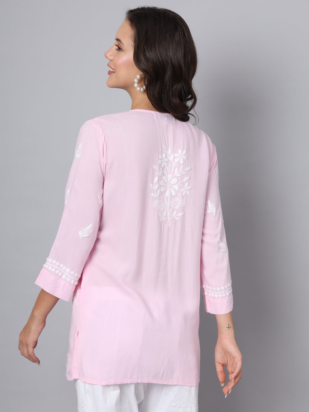 Women Hand Embroidered Chikankari Rayon Kurti-AL3696 Pink