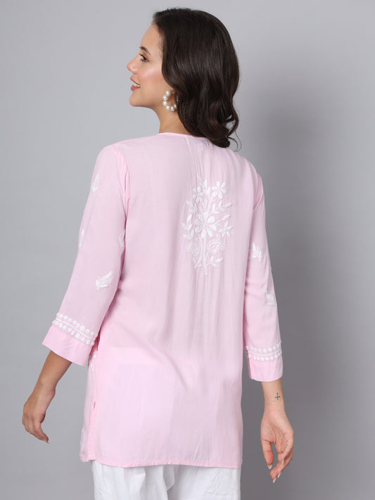 Women Hand Embroidered Chikankari Rayon Kurti-AL3696 Pink