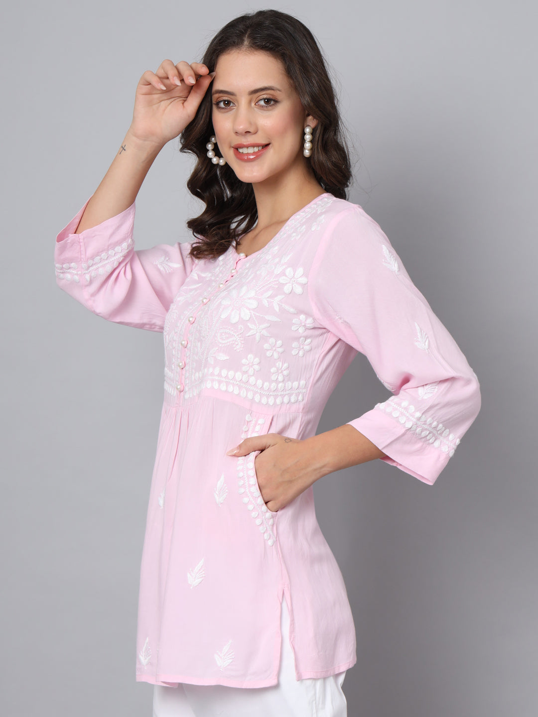 Women Hand Embroidered Chikankari Rayon Kurti-AL3696 Pink