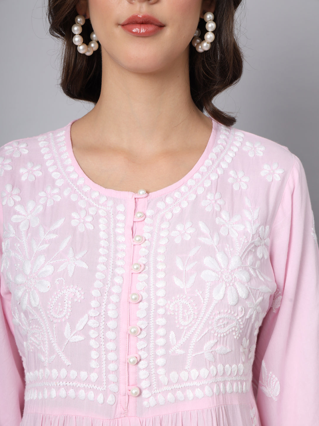 Women Hand Embroidered Chikankari Rayon Kurti-AL3696 Pink