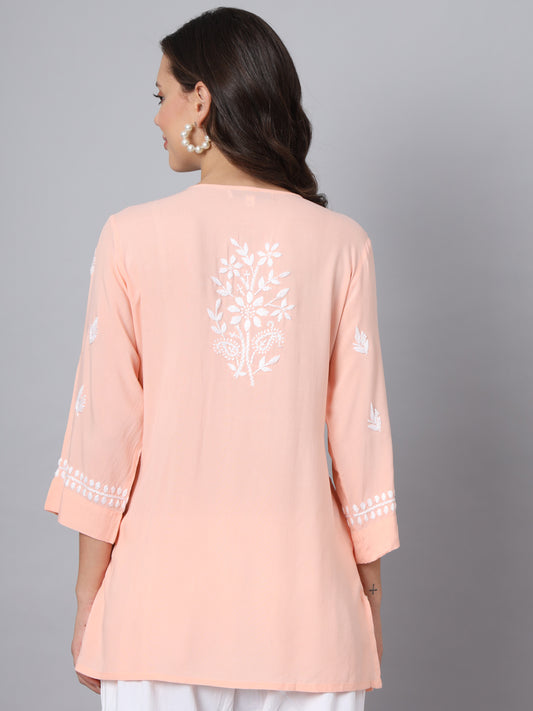 Women Hand Embroidered Chikankari Rayon Kurti with Pockets-AL3696 Peach
