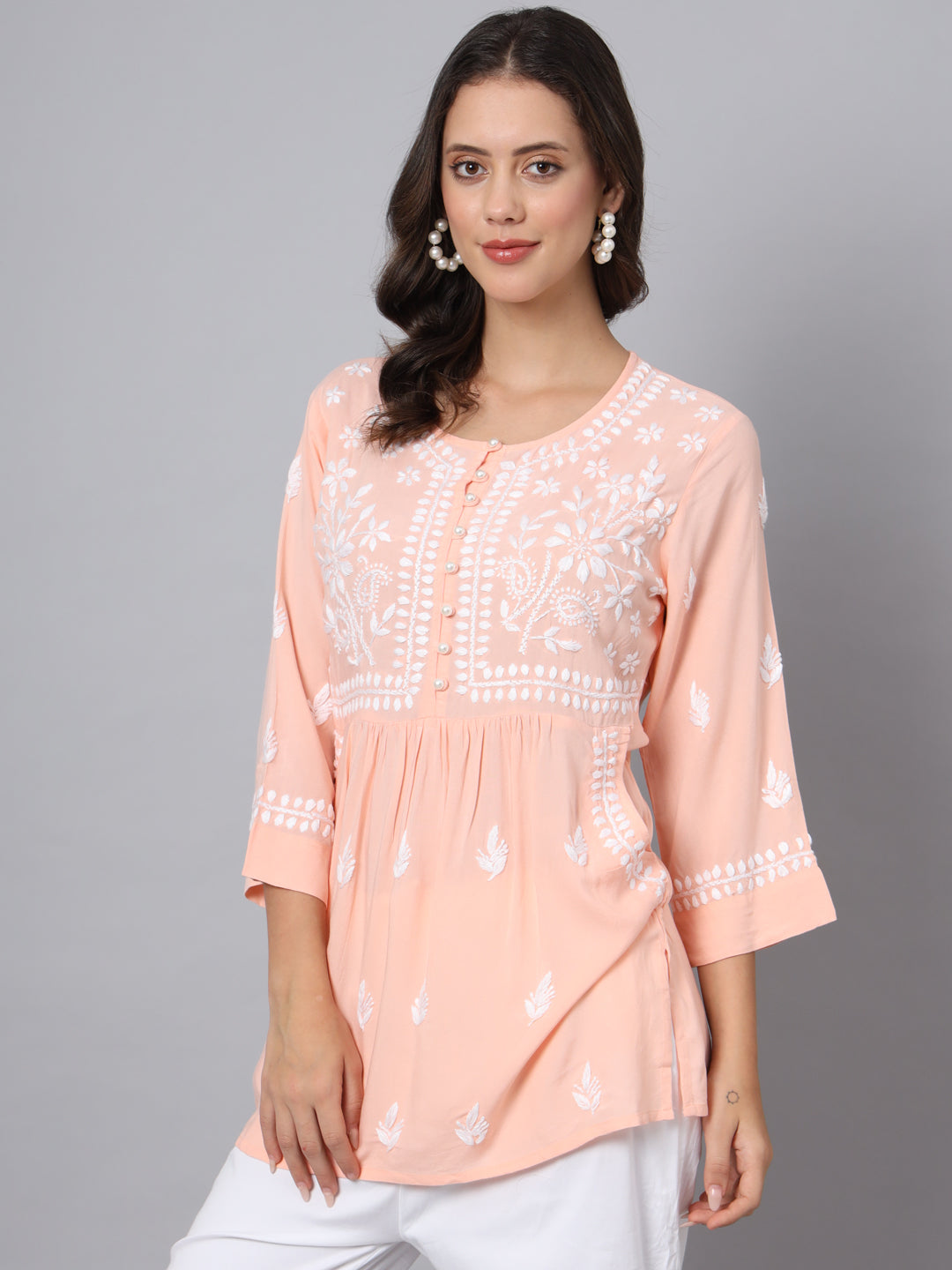 Women Hand Embroidered Chikankari Rayon Kurti with Pockets-AL3696 Peach