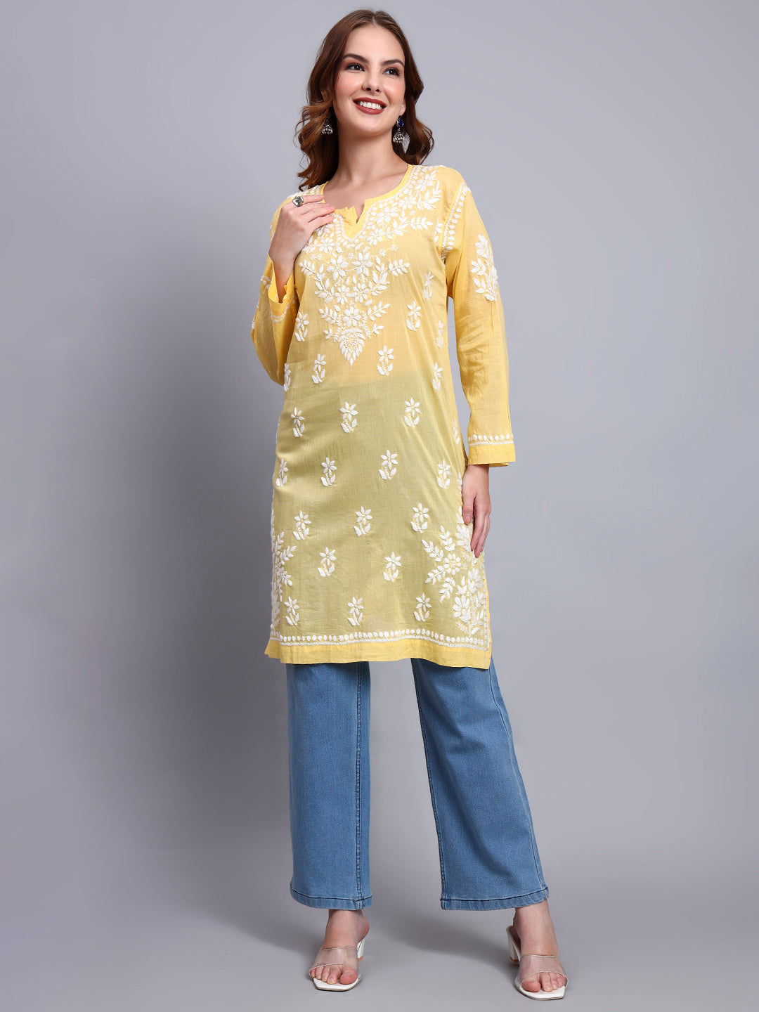 Women Hand Embroidered Chikankari Cotton Kurti -AL3685 Yellow