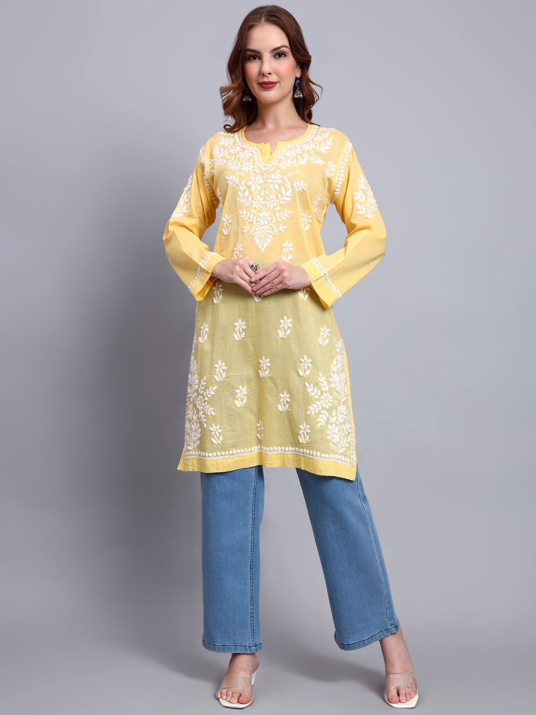 Women Hand Embroidered Chikankari Cotton Kurti -AL3685 Yellow