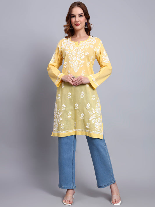 Women Hand Embroidered Chikankari Cotton Kurti -AL3685 Yellow