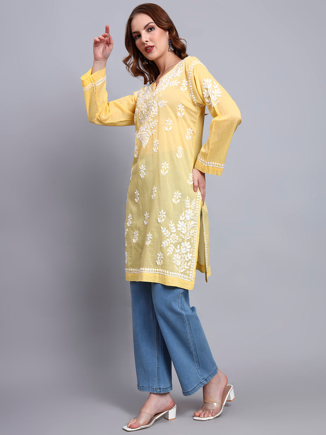 Women Hand Embroidered Chikankari Cotton Kurti -AL3685 Yellow
