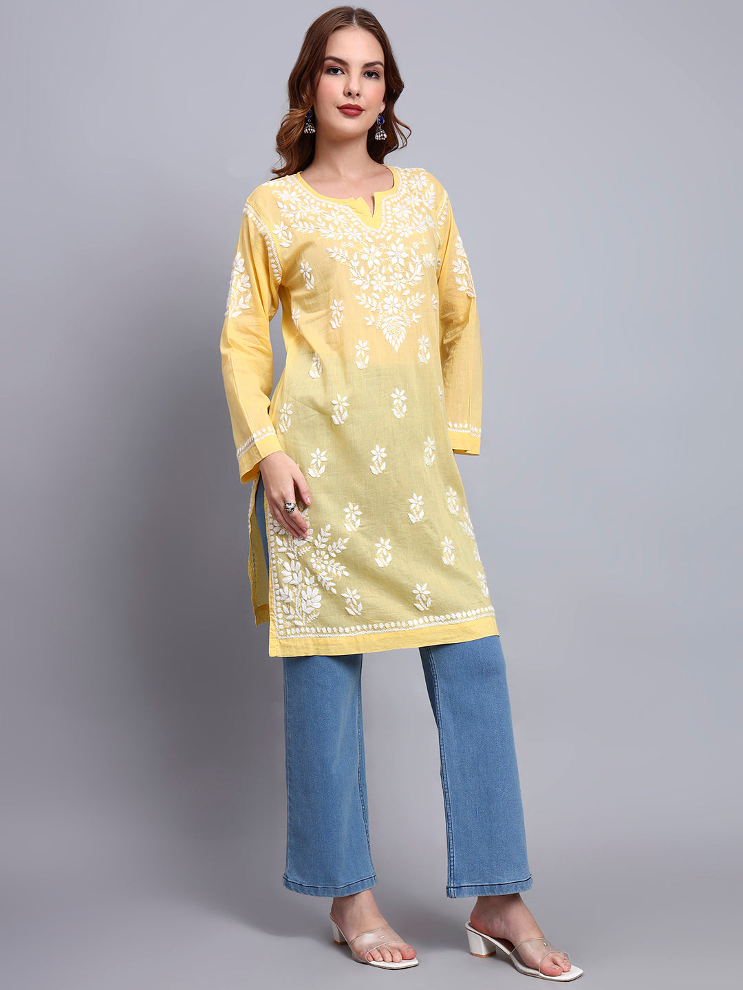 Women Hand Embroidered Chikankari Cotton Kurti -AL3685 Yellow