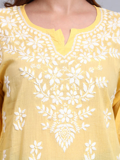 Women Hand Embroidered Chikankari Cotton Kurti -AL3685 Yellow
