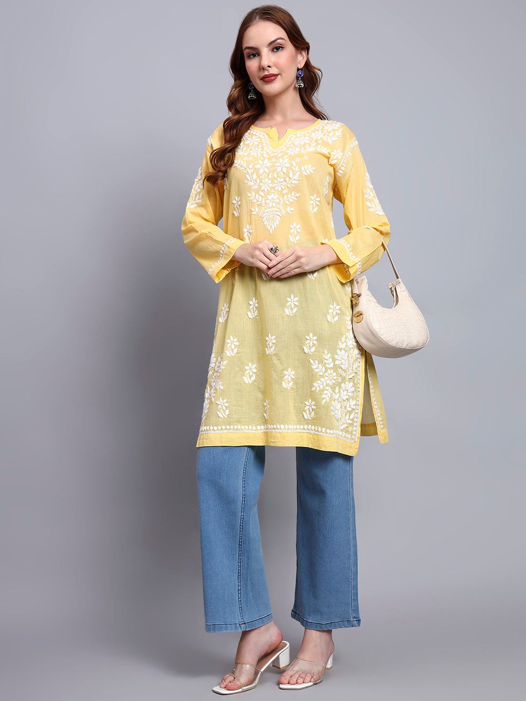 Women Hand Embroidered Chikankari Cotton Kurti -AL3685 Yellow