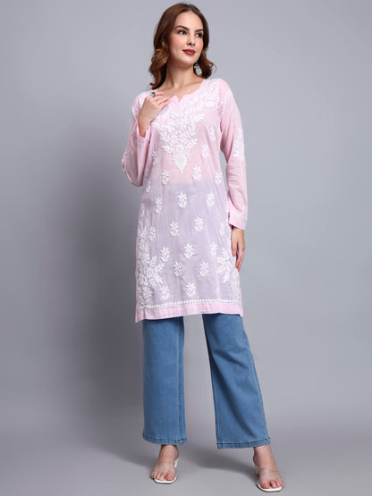Women Hand Embroidered Chikankari Cotton Kurti -AL3685 Pink