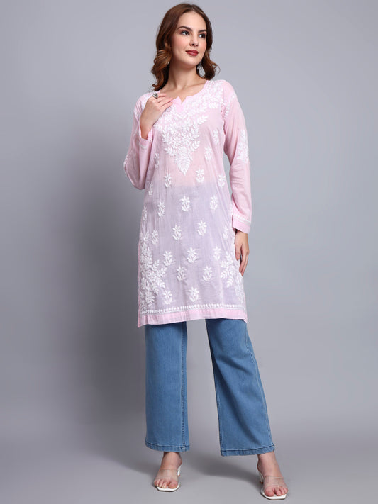Women Hand Embroidered Chikankari Cotton Kurti -AL3685 Pink