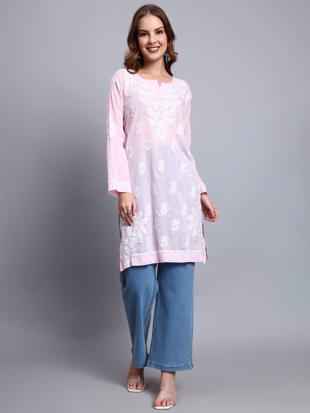 Women Hand Embroidered Chikankari Cotton Kurti -AL3685 Pink