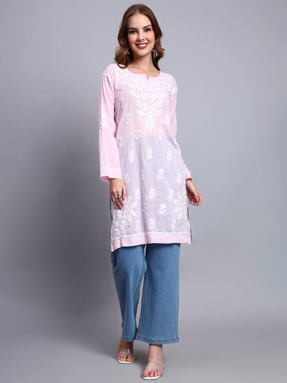 Women Hand Embroidered Chikankari Cotton Kurti -AL3685 Pink