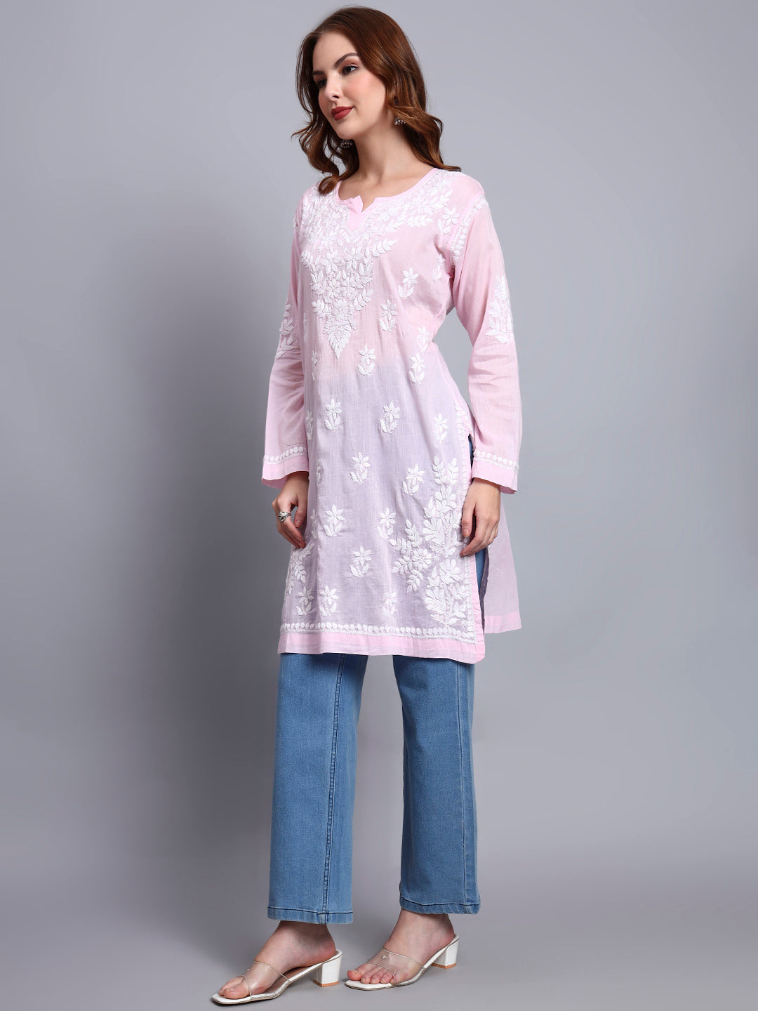 Women Hand Embroidered Chikankari Cotton Kurti -AL3685 Pink
