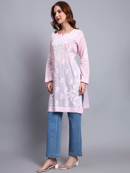 Women Hand Embroidered Chikankari Cotton Kurti -AL3685 Pink