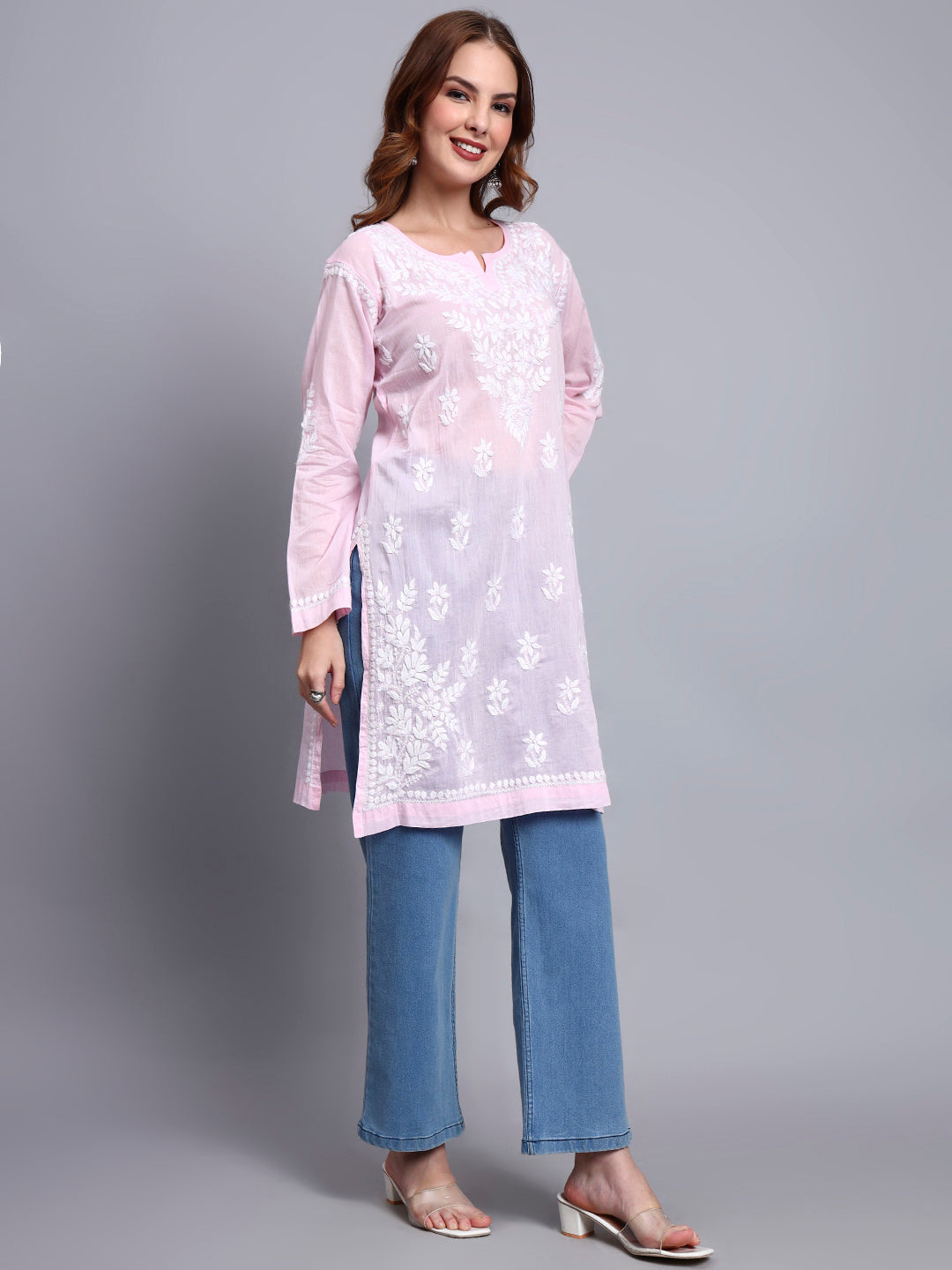 Women Hand Embroidered Chikankari Cotton Kurti -AL3685 Pink