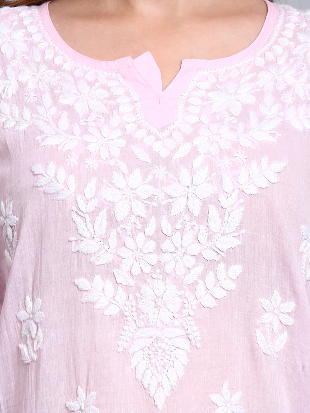 Women Hand Embroidered Chikankari Cotton Kurti -AL3685 Pink