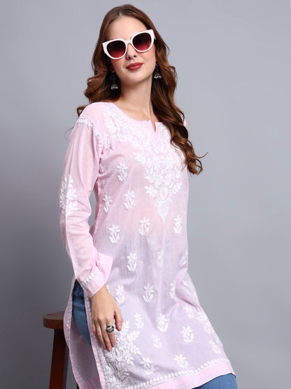 Women Hand Embroidered Chikankari Cotton Kurti -AL3685 Pink