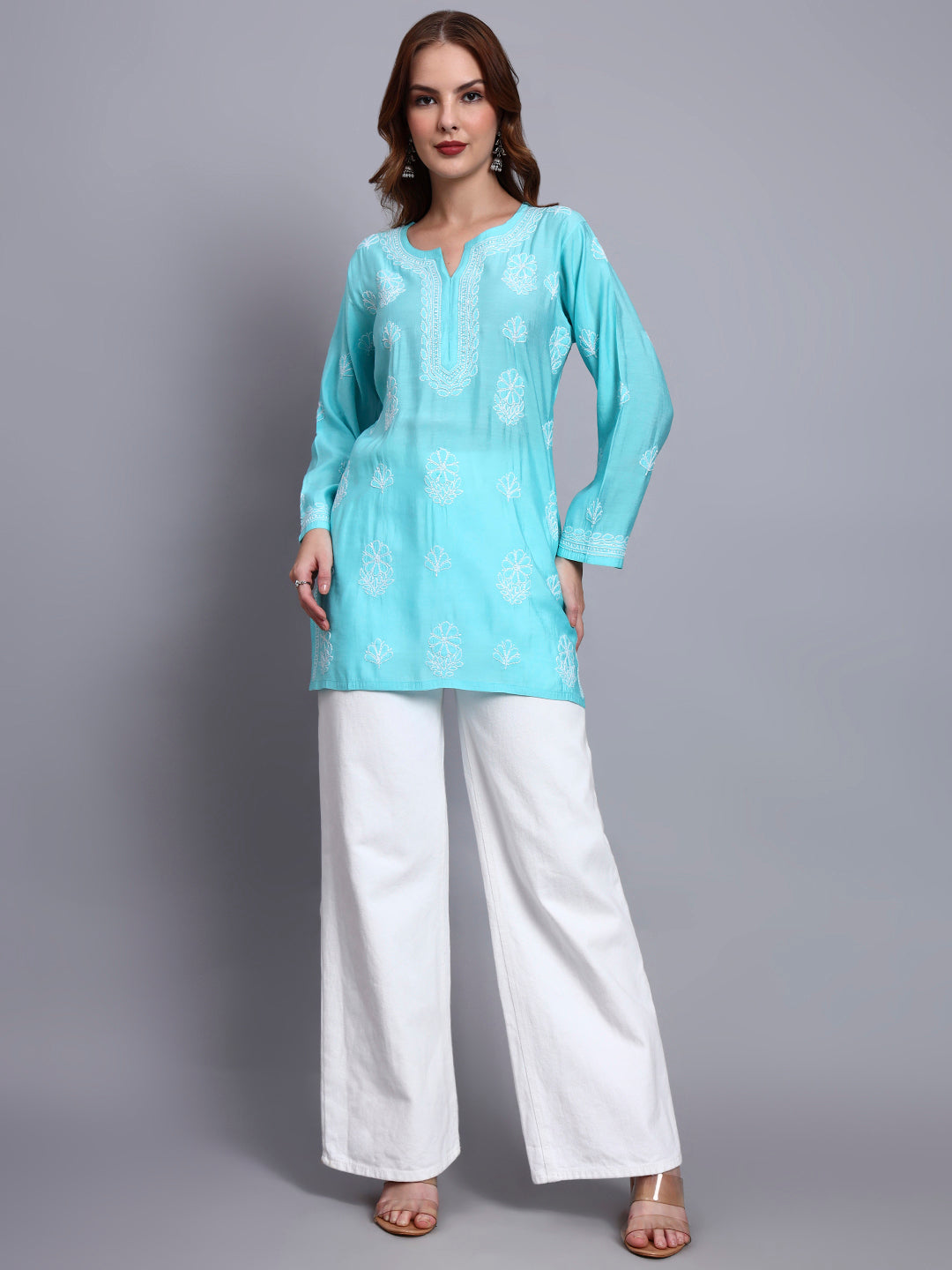 Women Hand Embroidered Chikankari Chanderi Short Kurti-AL4090 Sky Blue