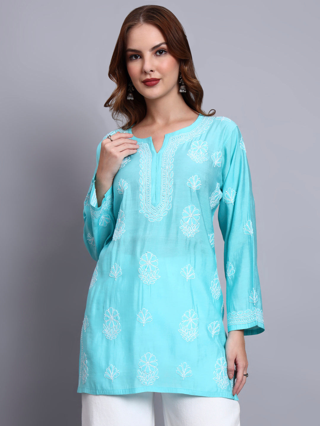 Women Hand Embroidered Chikankari Chanderi Short Kurti-AL4090 Sky Blue