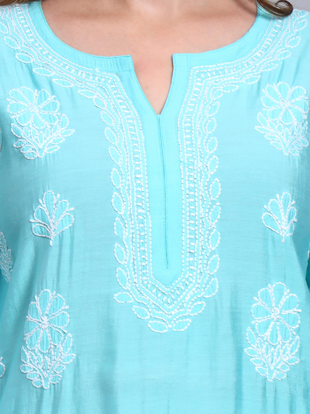 Women Hand Embroidered Chikankari Chanderi Short Kurti-AL4090 Sky Blue