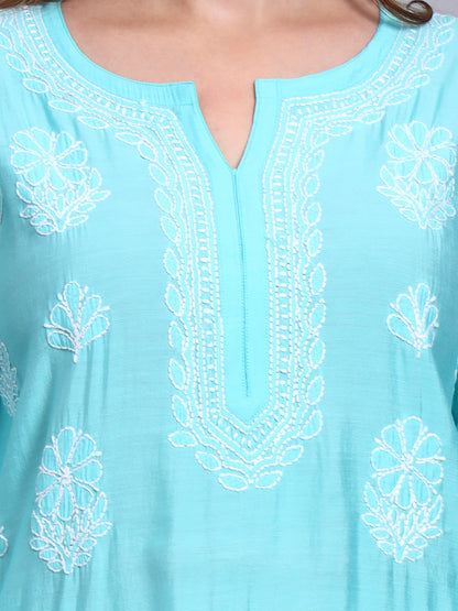 Women Hand Embroidered Chikankari Chanderi Short Kurti-AL4090 Sky Blue