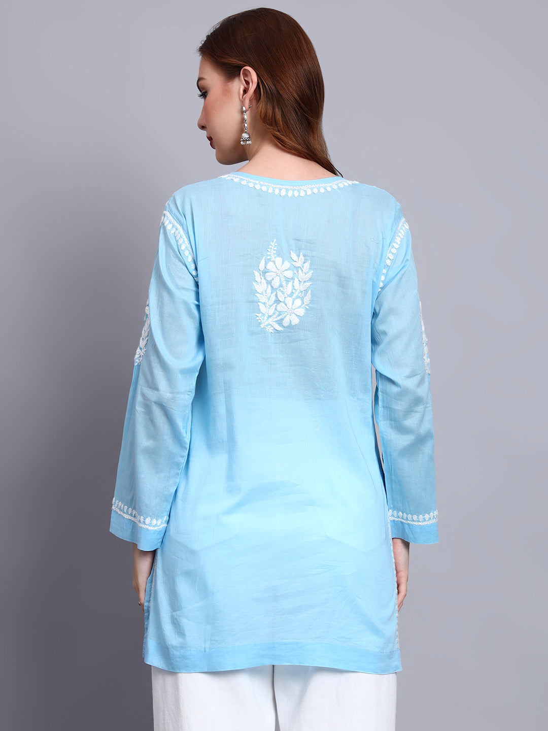 Women Hand Embroidered Chikankari Mulmul Short Top -AL3724 Blue