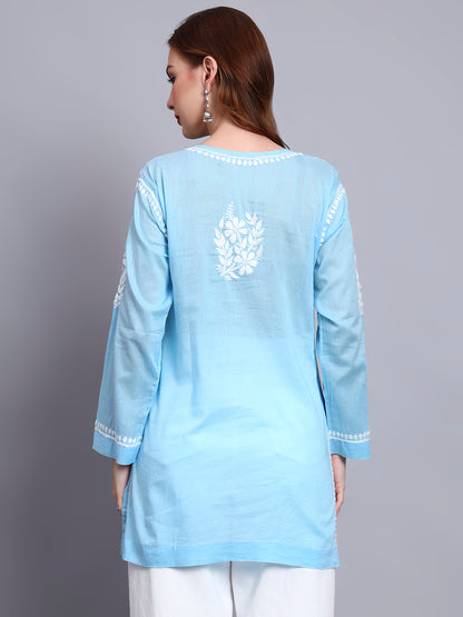Women Hand Embroidered Chikankari Mulmul Short Top -AL3724 Blue