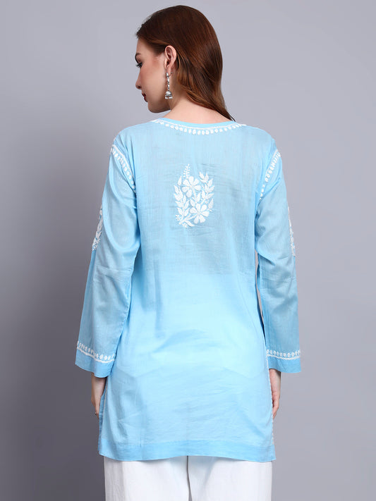 Women Hand Embroidered Chikankari Mulmul Short Top -AL3724 Blue
