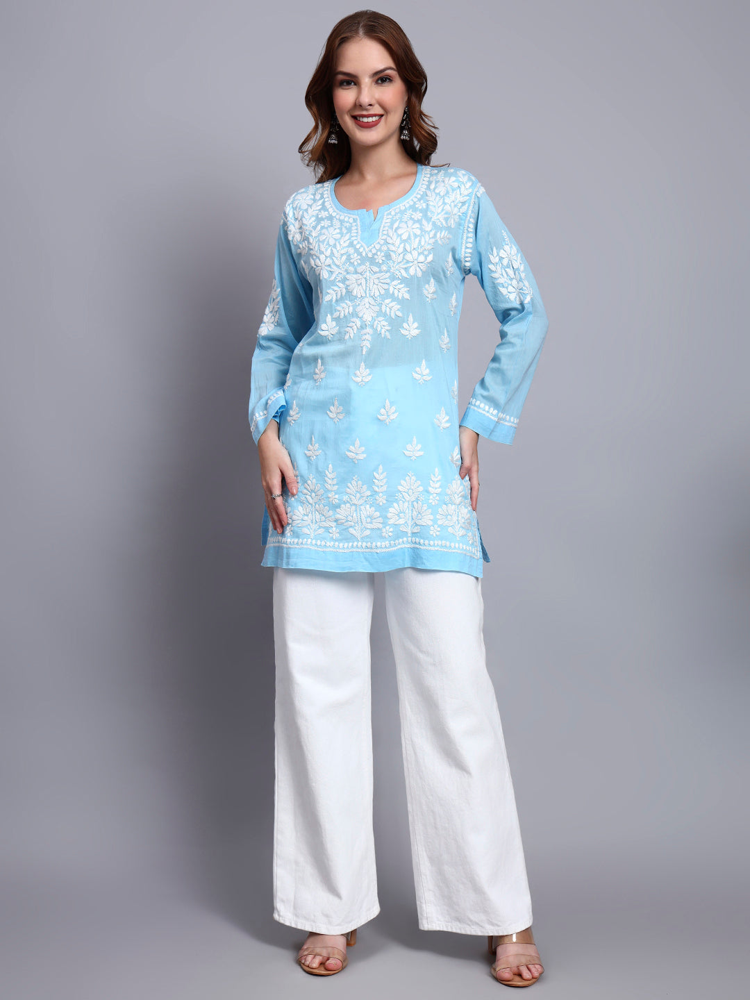Women Hand Embroidered Chikankari Mulmul Short Top -AL3724 Blue