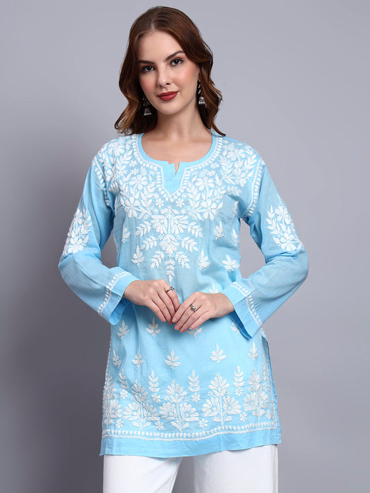 Women Hand Embroidered Chikankari Mulmul Short Top -AL3724 Blue