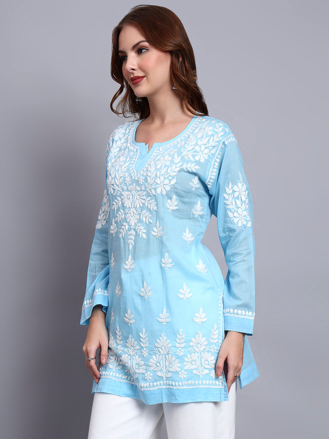 Women Hand Embroidered Chikankari Mulmul Short Top -AL3724 Blue