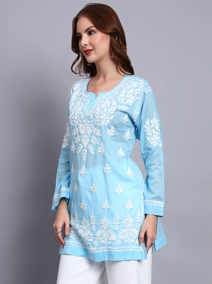 Women Hand Embroidered Chikankari Mulmul Short Top -AL3724 Blue