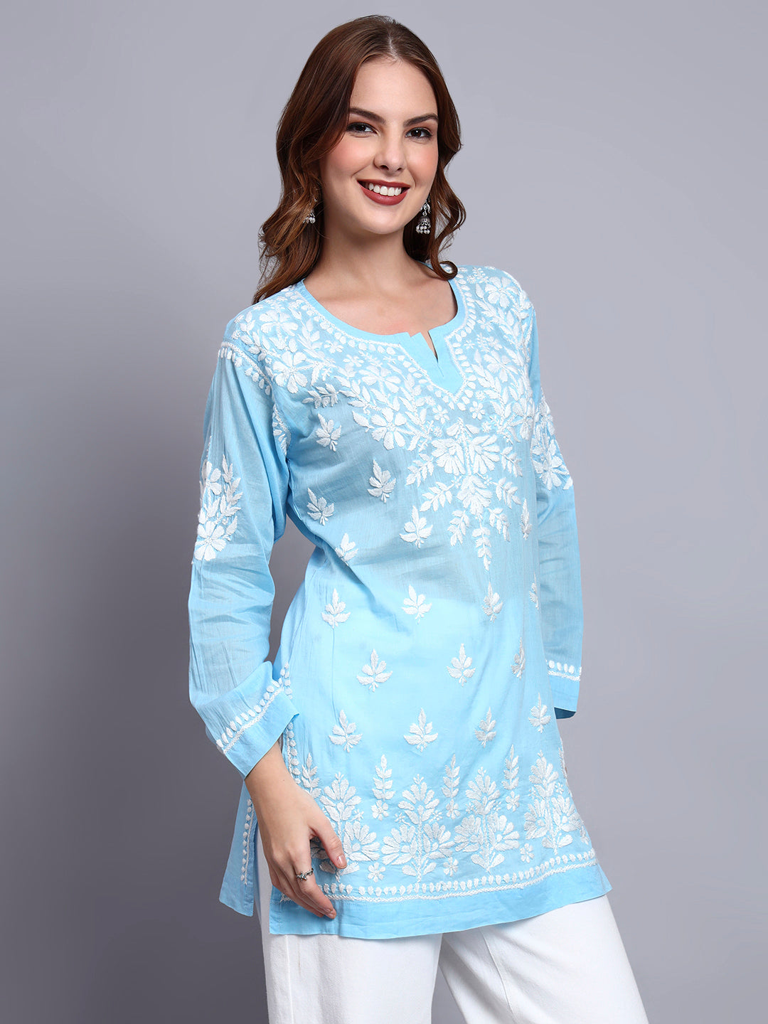 Women Hand Embroidered Chikankari Mulmul Short Top -AL3724 Blue