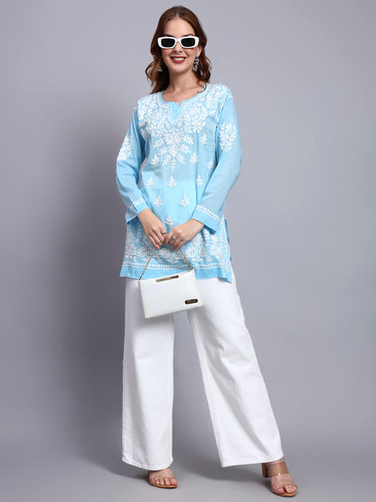 Women Hand Embroidered Chikankari Mulmul Short Top -AL3724 Blue